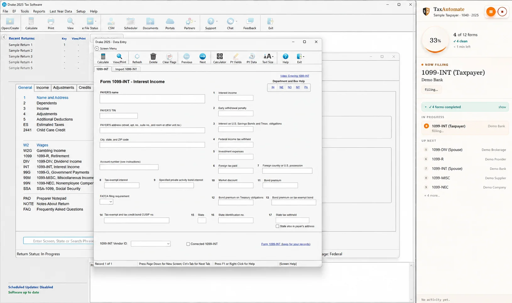Sanitized Drake 1099-INT preparation screen with TaxAutomate progress panel