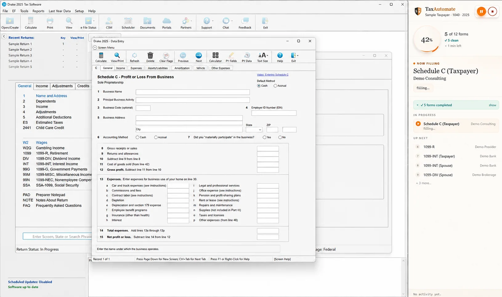 Sanitized Drake Schedule C preparation screen with TaxAutomate progress panel