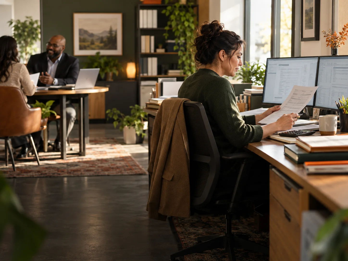Tax professional reviewing source documents in a modern tax office while colleagues meet with a client