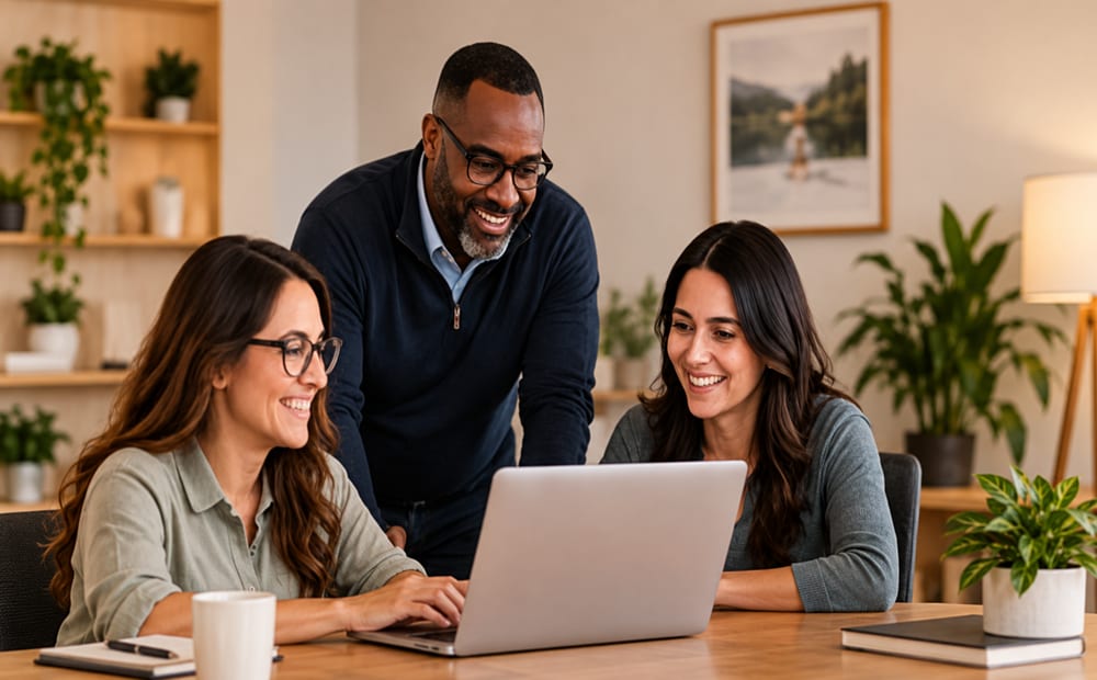 Illustration of a tax team collaborating around a laptop