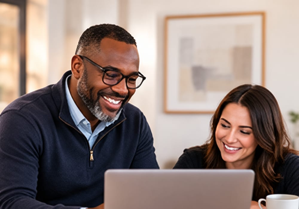 Illustration of two colleagues reviewing a laptop